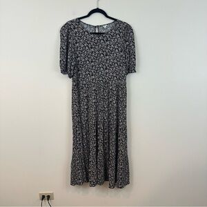 Aerie Floral Black and White Midi Dress Tiered Skirt Size Large Women's
